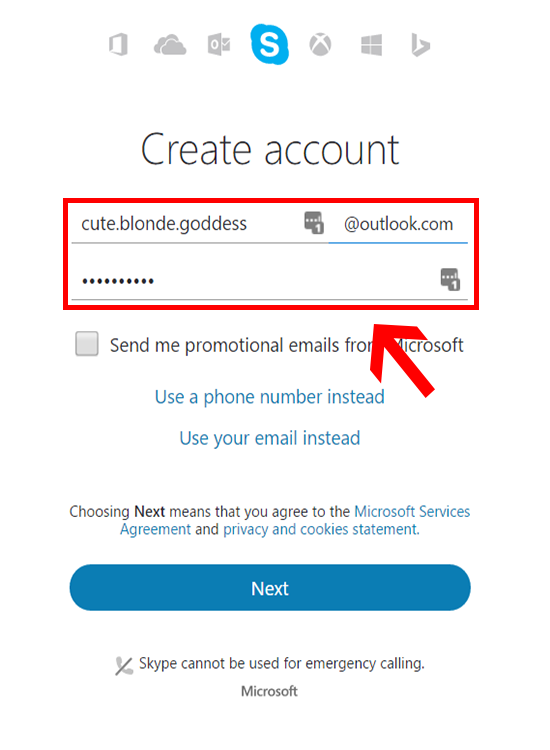 Create a new Outlook email address for Skype ID